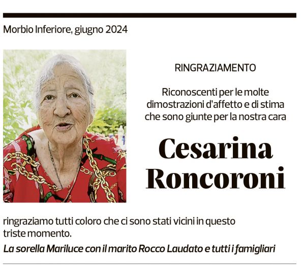 Annuncio funebre Cesarina Roncoroni