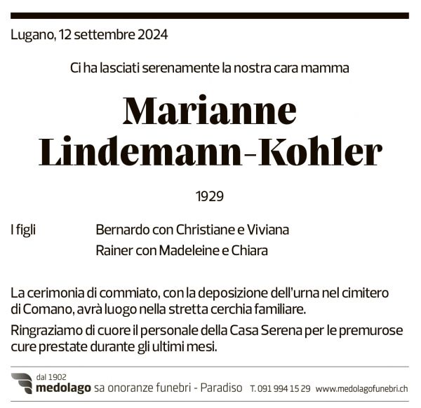 Annuncio funebre Marianne Lindemann-kohler