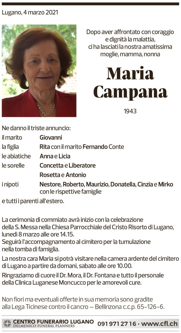 Annuncio funebre Maria Campana