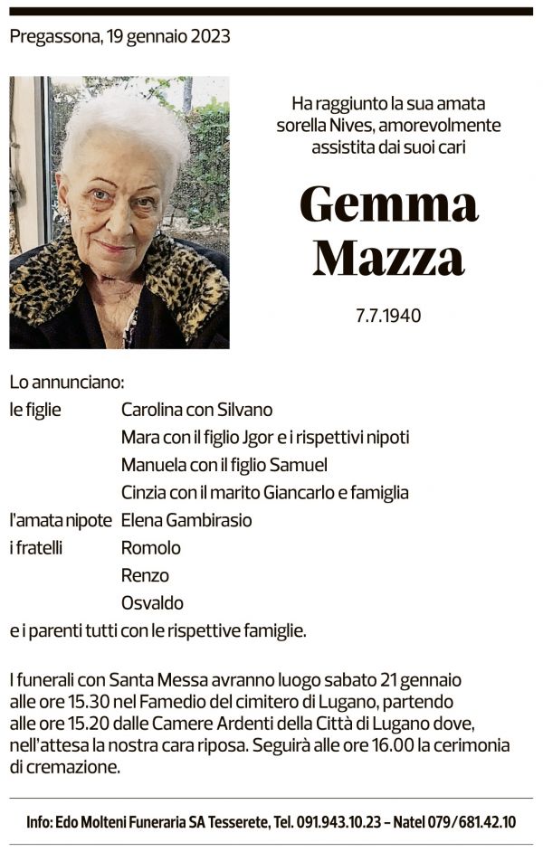 Annuncio funebre Gemma Mazza