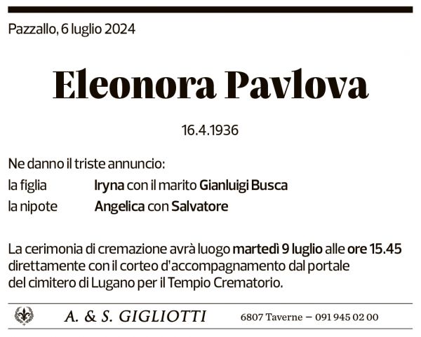 Annuncio funebre Eleonora Pavlova