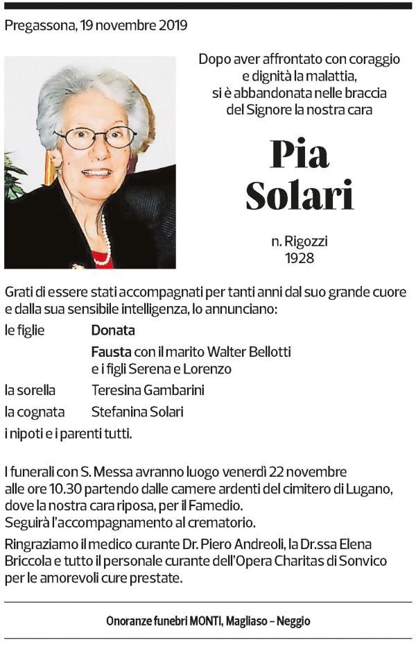 Annuncio funebre Pia Solari