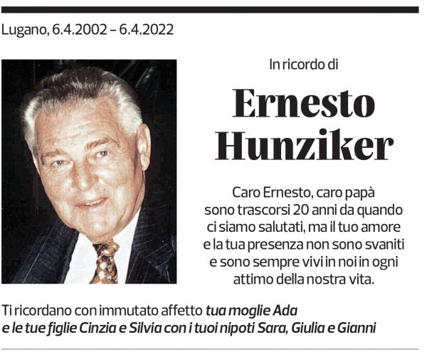 Annuncio funebre Ernesto Hunziker