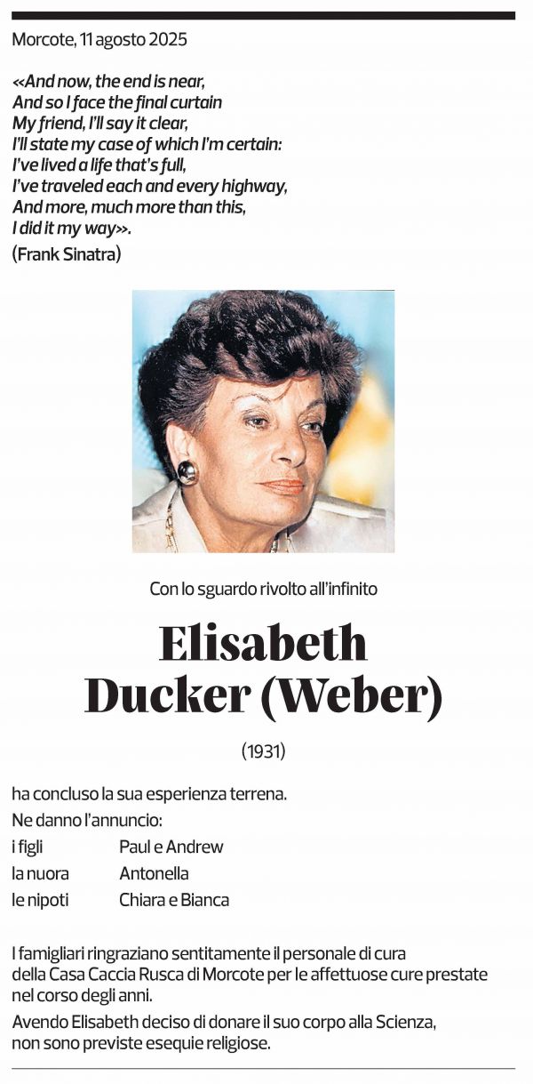Annuncio funebre Elisabeth Ducker