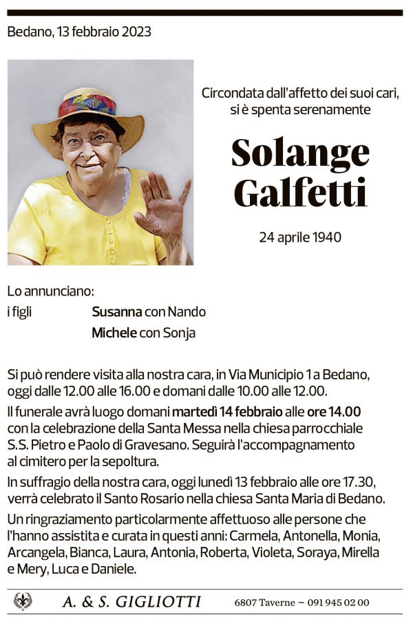 Annuncio funebre Solange Galfetti