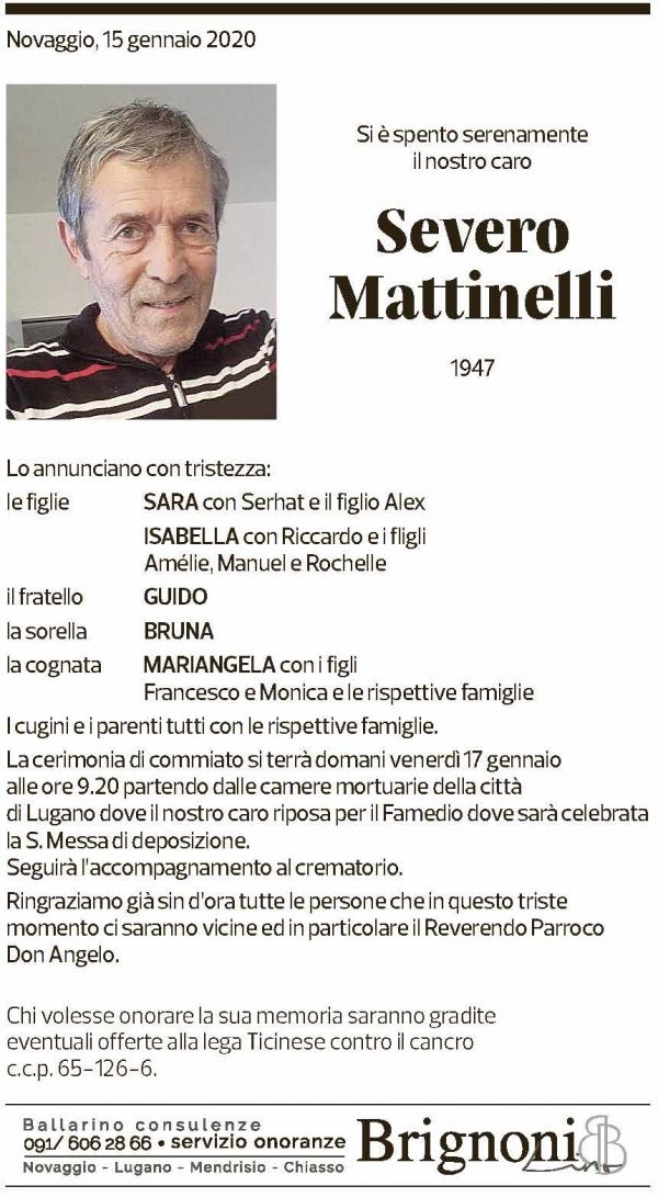 Annuncio funebre Severo Mattinelli
