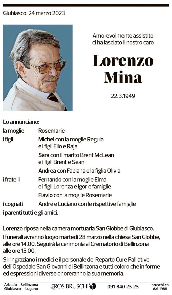 Annuncio funebre Lorenzo Mina