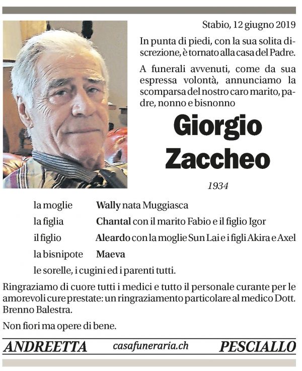Annuncio funebre Giorgio Zaccheo