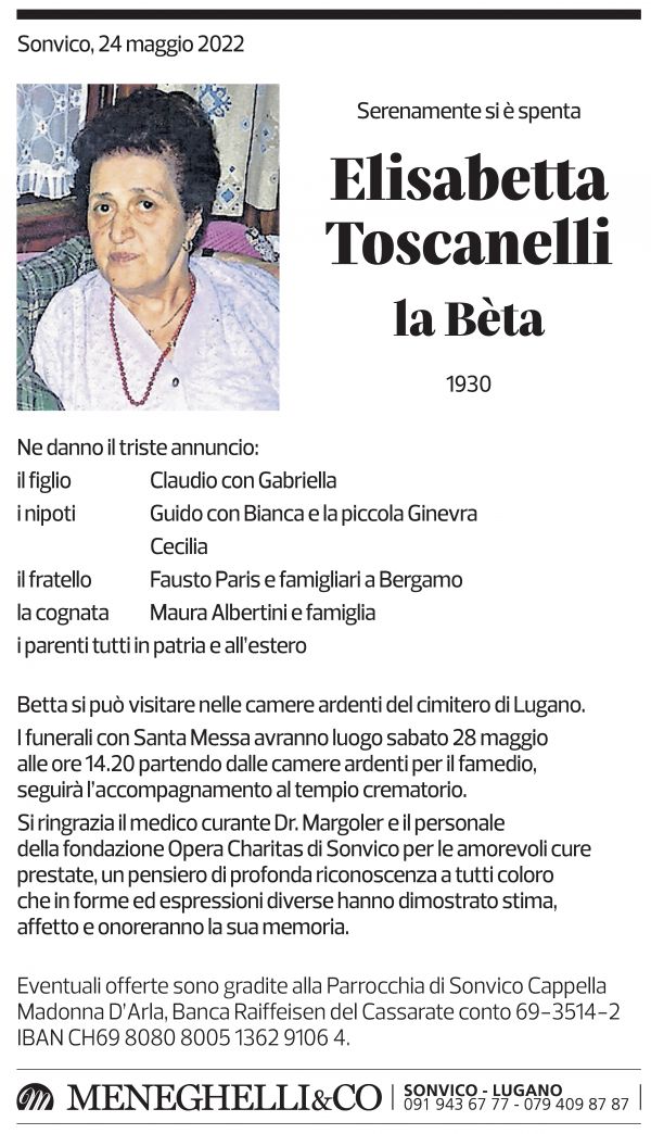 Annuncio funebre Elisabetta Toscanelli