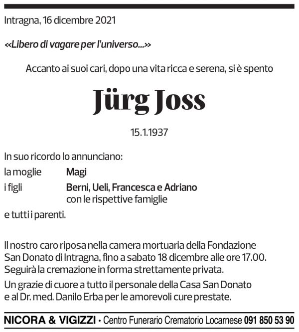 Annuncio funebre Jürg Joss