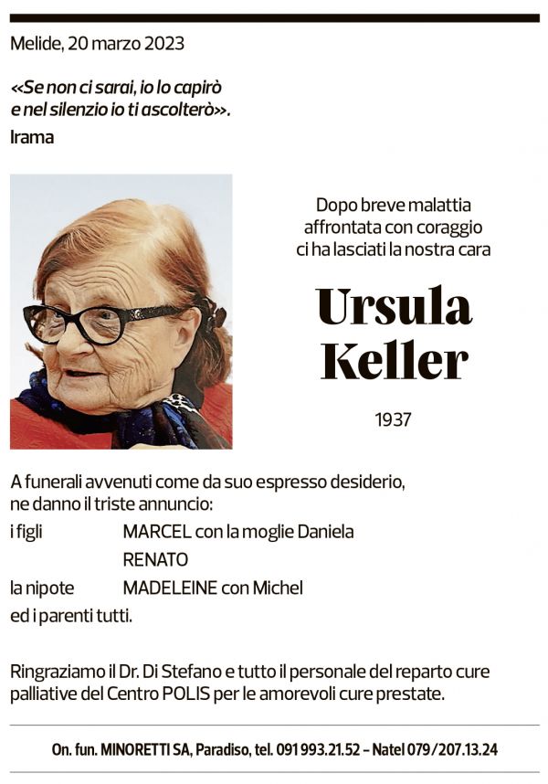 Annuncio funebre Ursula Keller