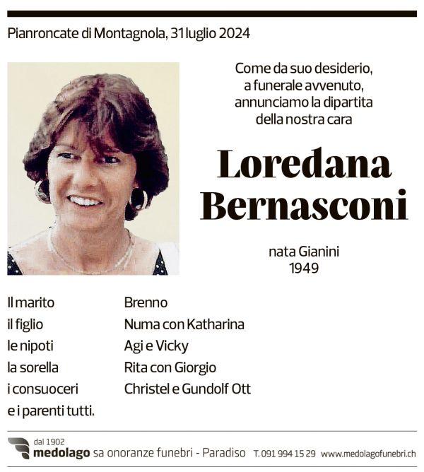 Annuncio funebre Loredana Bernasconi