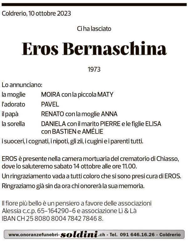 Annuncio funebre Eros Bernaschina