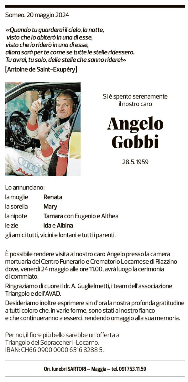 Annuncio funebre Angelo Gobbi