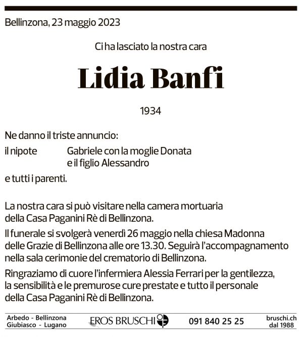 Annuncio funebre Lidia Banfi