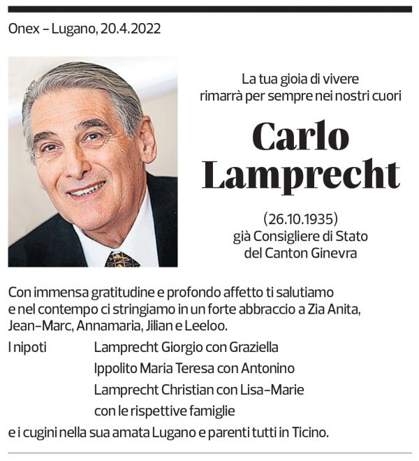 Annuncio funebre Carlo Lamprecht