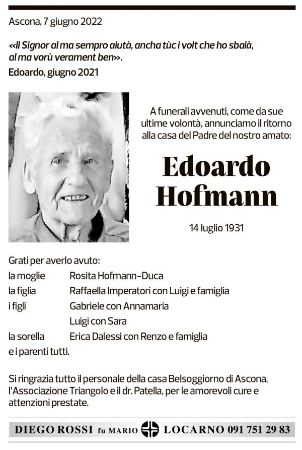 Annuncio funebre Edoardo Hofmann