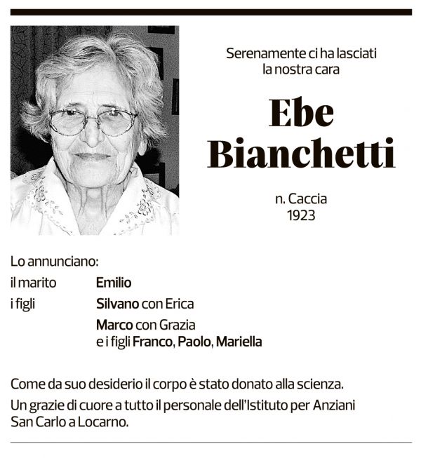 Annuncio funebre Ebe Bianchetti