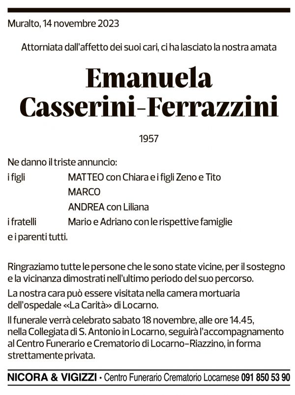 Annuncio funebre Emanuela Casserini-ferrazzini