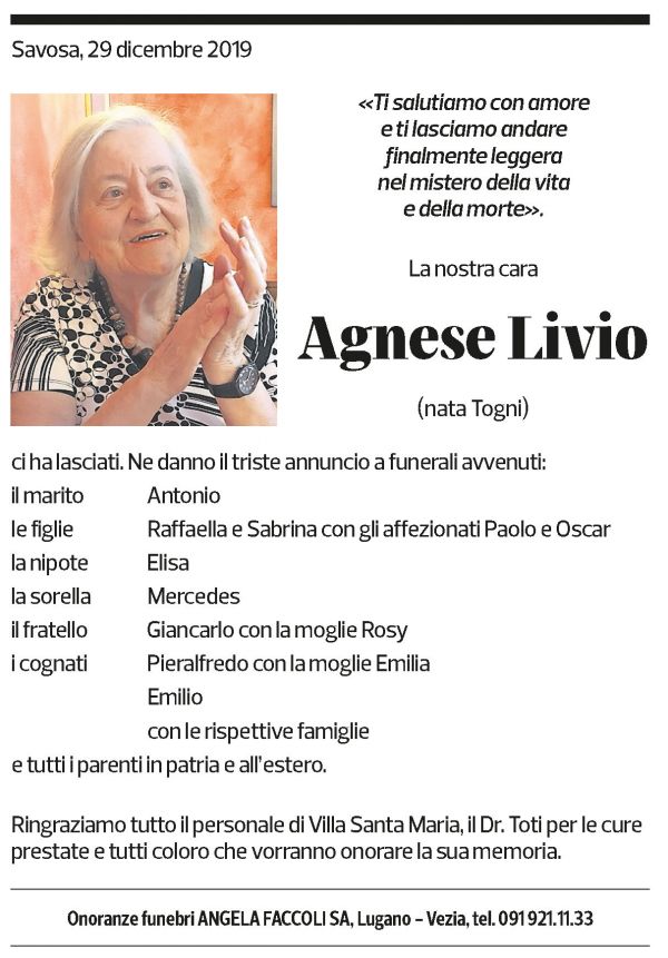 Annuncio funebre Agnese Livio