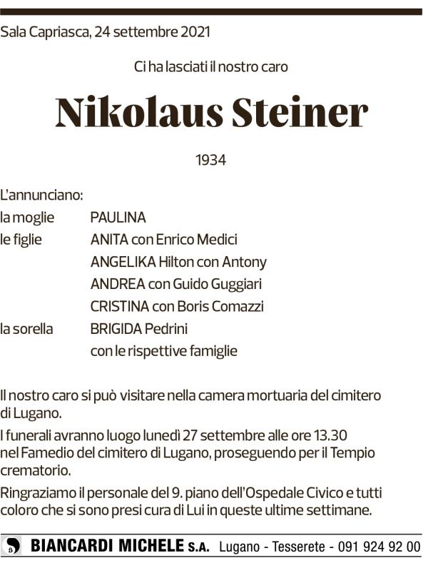 Annuncio funebre Nikolaus Steiner