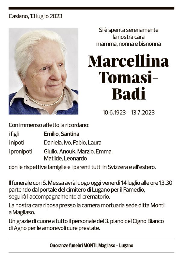 Annuncio funebre Marcellina Tomasi-badi