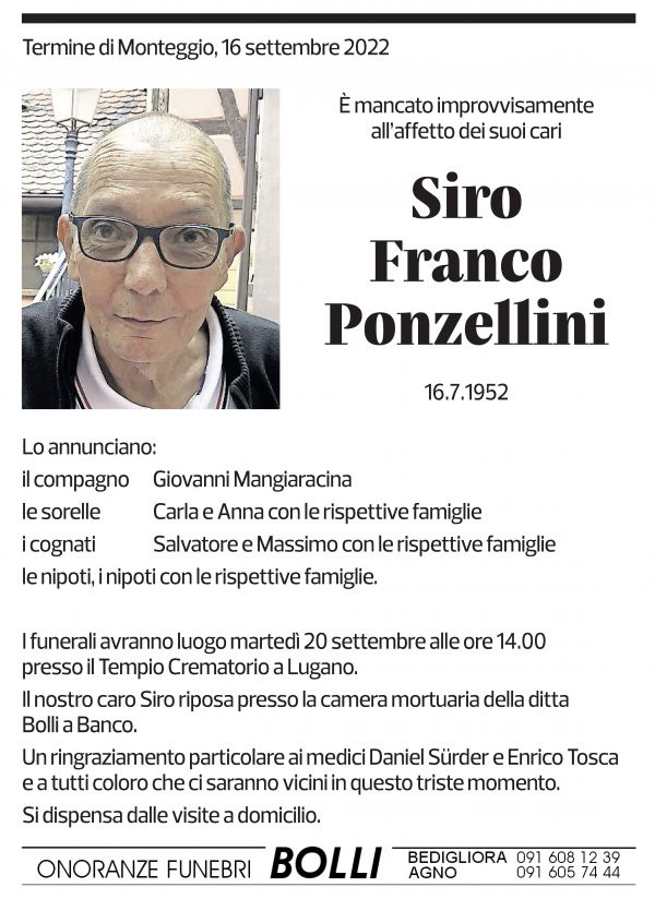 Annuncio funebre Siro Franco Ponzellini