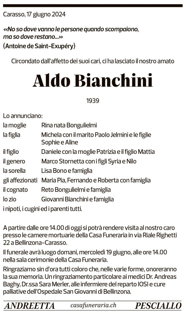 Annuncio funebre Aldo Bianchini