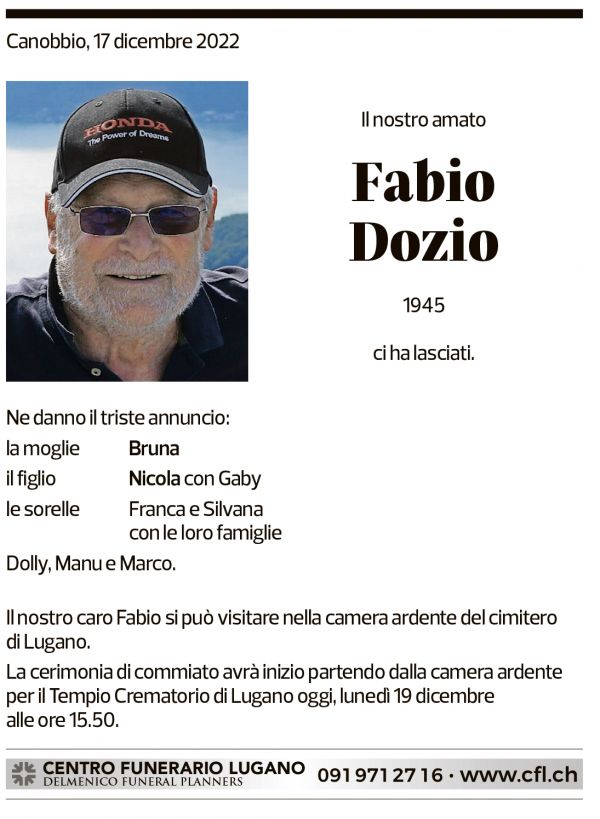 Annuncio funebre Fabio Dozio