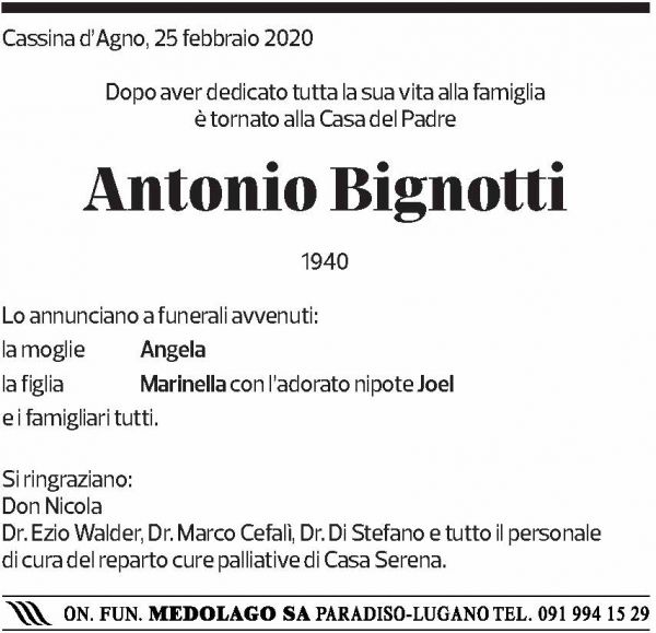 Annuncio funebre Antonio Bignotti