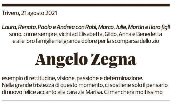 Annuncio funebre Angelo Zegna