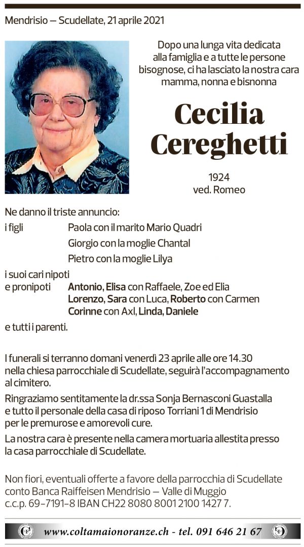 Annuncio funebre Cecilia Cereghetti