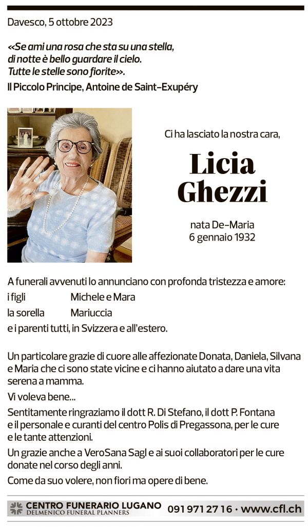 Annuncio funebre Licia Ghezzi