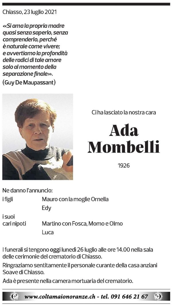 Annuncio funebre Ada Mombelli