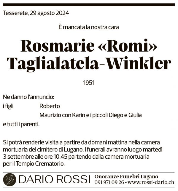 Annuncio funebre Rosmarie Taglialatela-winkler