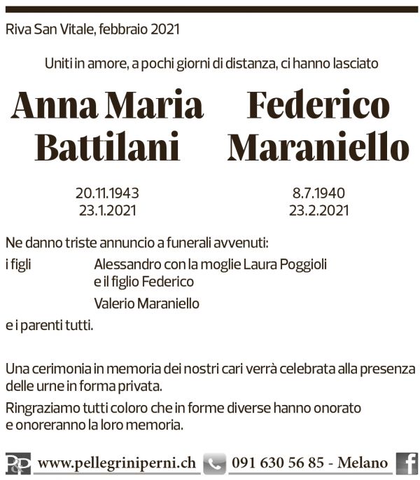 Annuncio funebre Anna Maria Battilani Federico Maraniello