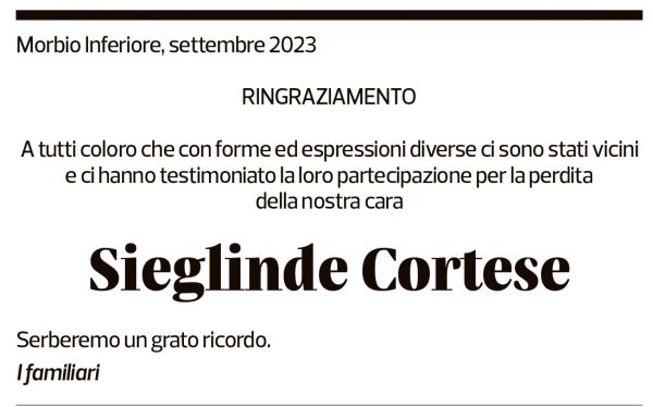 Annuncio funebre Sieglinde Cortese