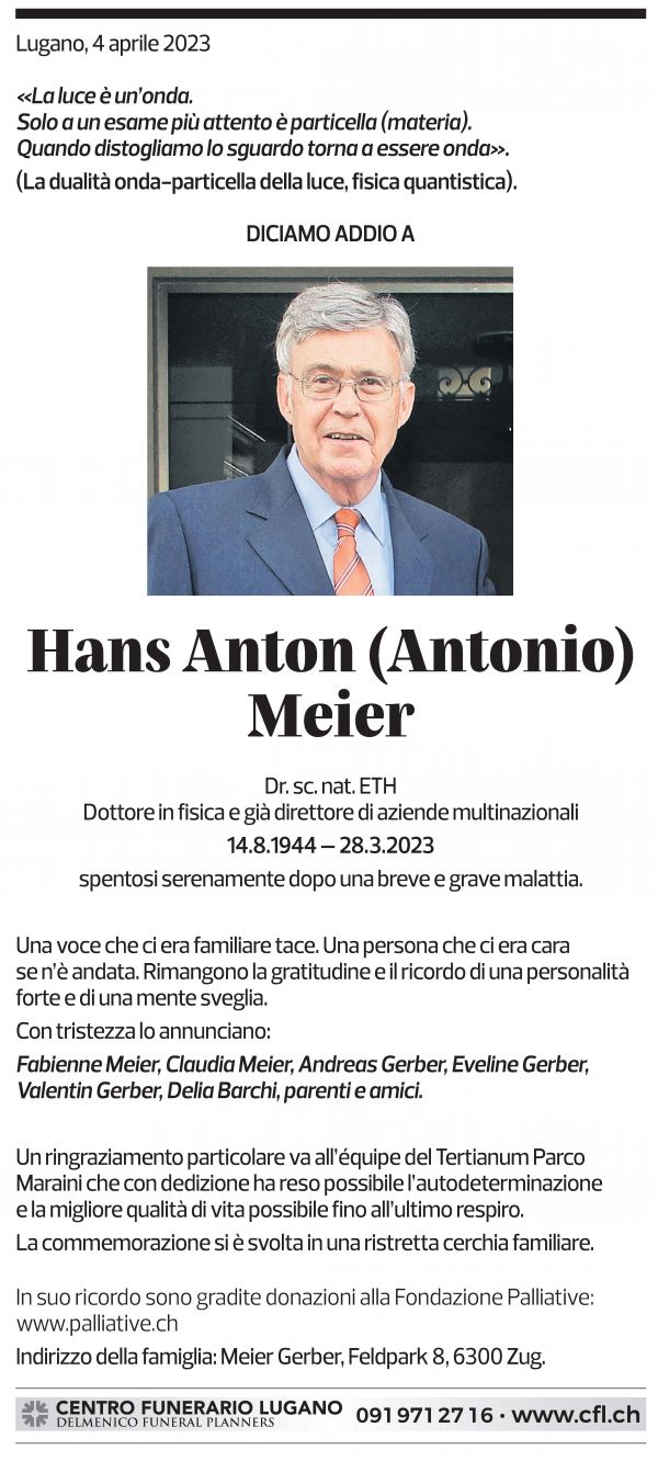 Annuncio funebre Hans Anton Meier