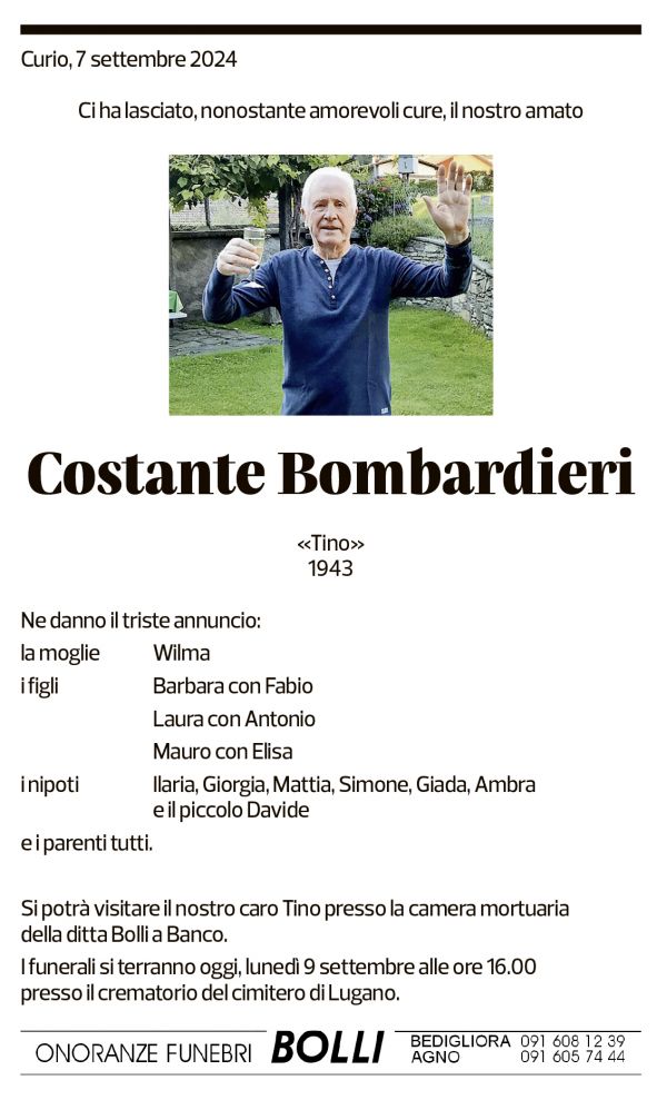 Annuncio funebre Costante Bombardieri