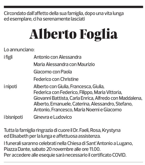 Annuncio funebre Alberto Foglia