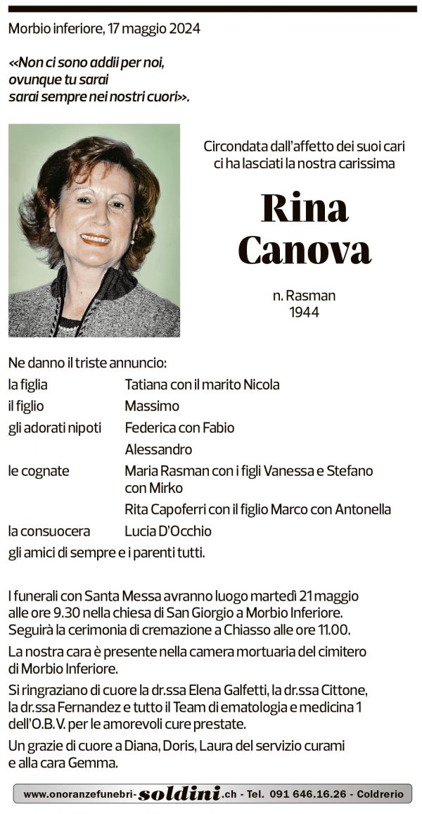 Annuncio funebre Rina Canova