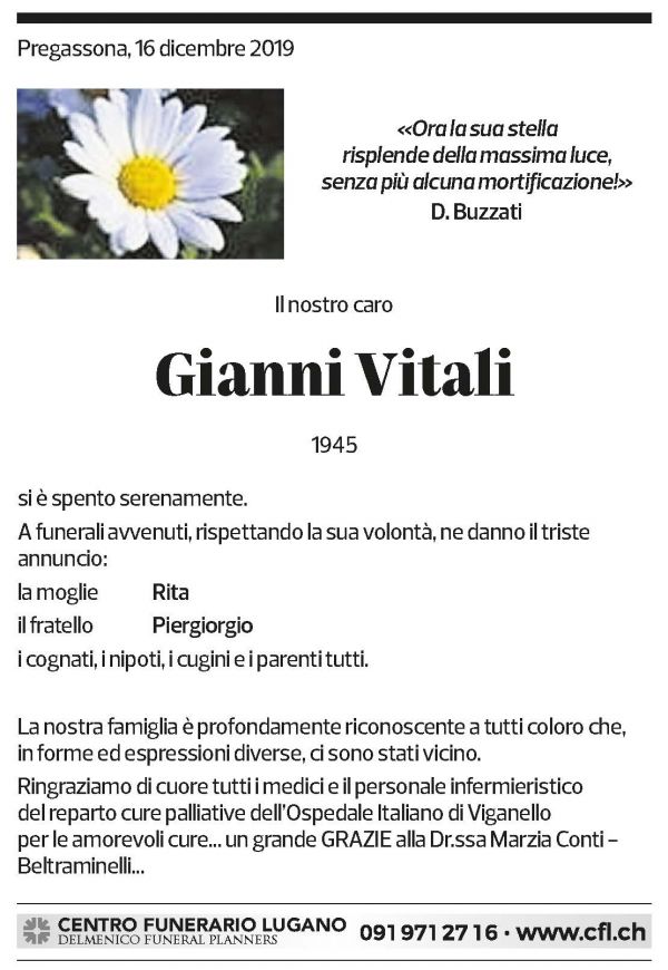Annuncio funebre Gianni Vitali