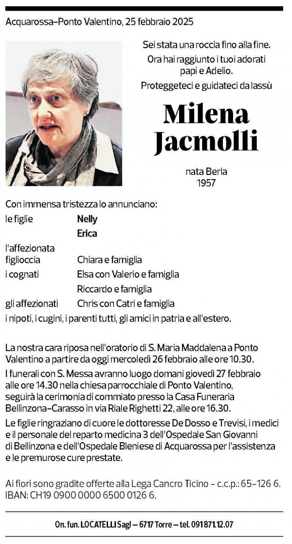 Annuncio funebre Milena Jacmolli