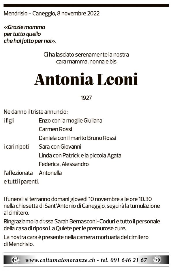 Annuncio funebre Antonia Leoni