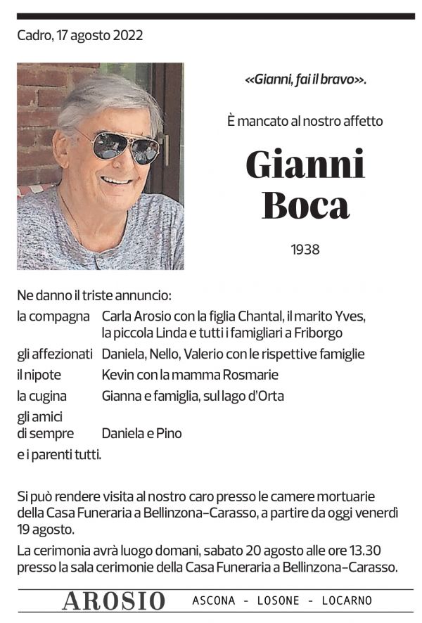 Annuncio funebre Gianni Boca