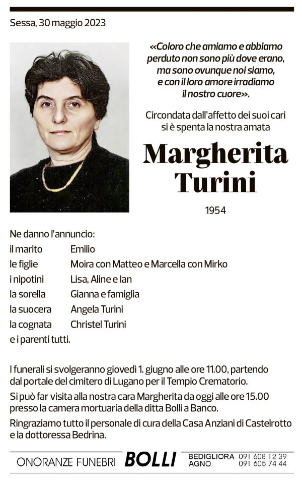 Annuncio funebre Margherita Turini