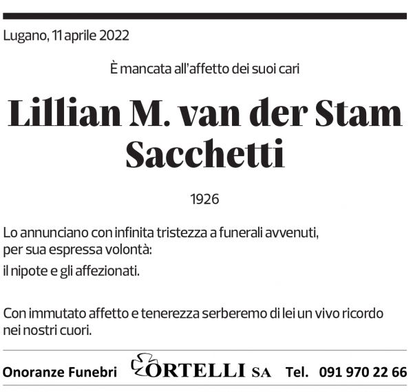 Annuncio funebre Lillian M. Van Der Stam Sacchetti