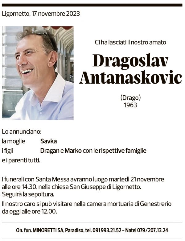 Annuncio funebre Dragoslav Antanaskovic