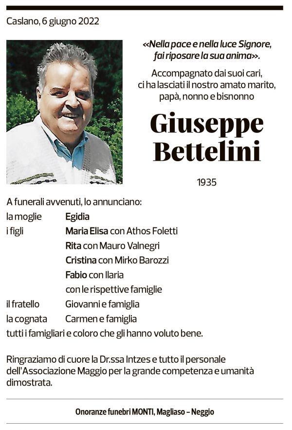 Annuncio funebre Giuseppe Bettelini