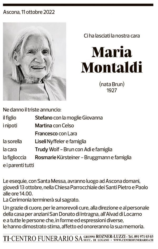 Annuncio funebre Maria Montaldi